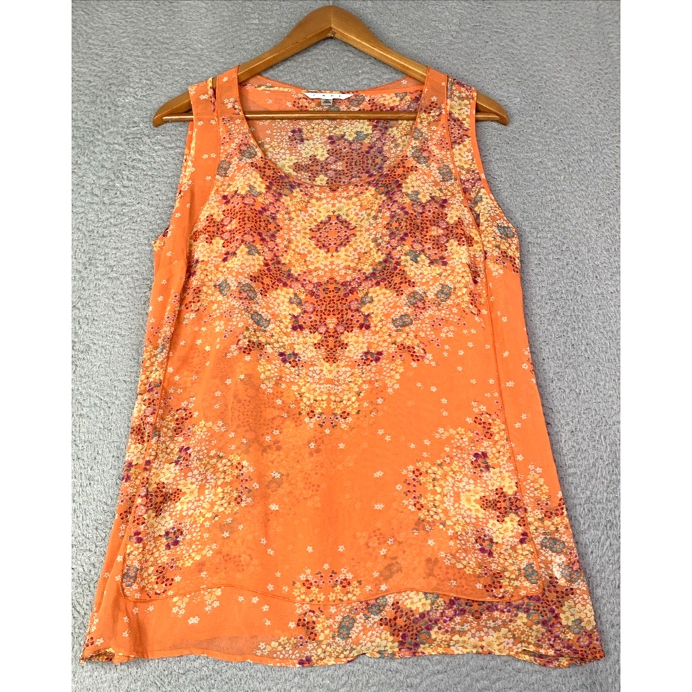 CAbi Blouse Womens Size Medium Merrow Edge Orange Floral Lightweight Sheer